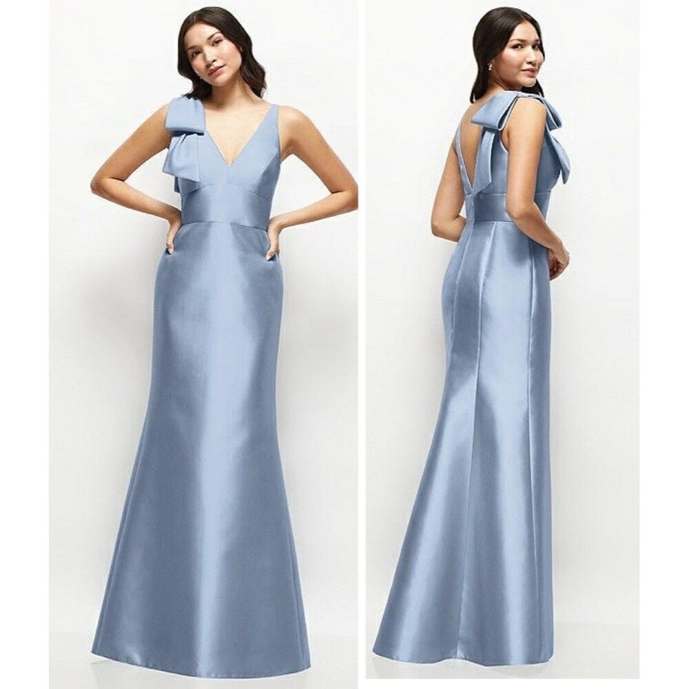 Alfred Sung Deep V Back Satin Trumpet Dress Cloudy Blue Size 10 NWT Bow Shoulder